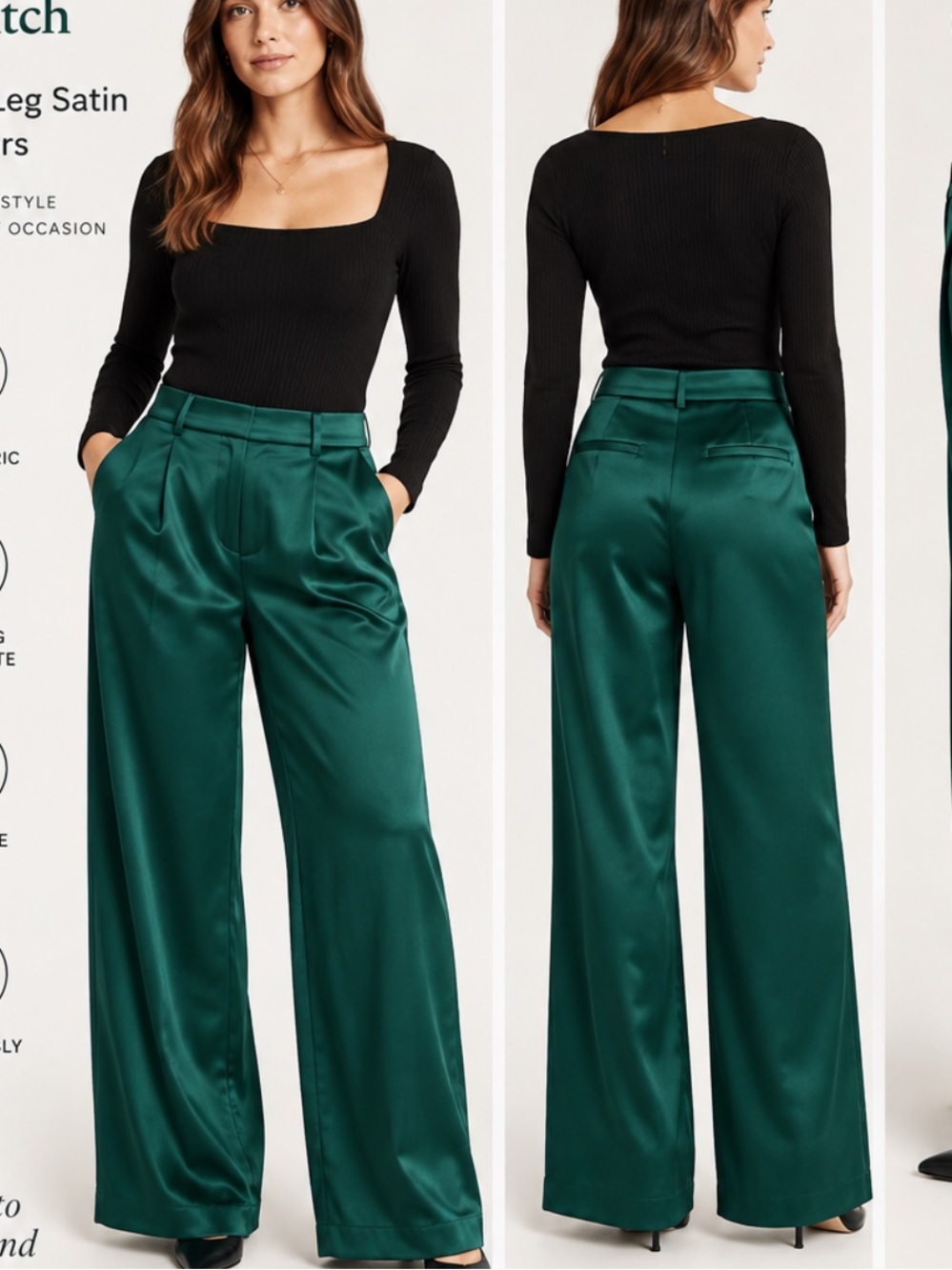 Abercrombie and fitch Wide-Leg Satin Trousers in Deep Emerald Green size 14